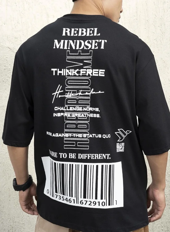 هوبرهولمي Men's Black 100% Cotton Printed Oversized T-Shirt