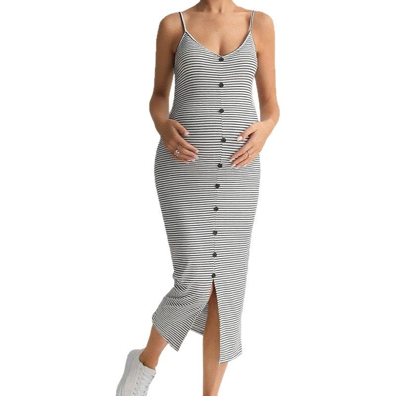 Striped Knit Maternity Sleeveless Dress with Side Slit, V-Neck Bodycon, Sweet & Fresh - Image 4