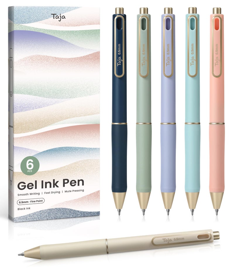 Taja Gel Pens, 6 Pcs Quick Dry Black Gel Ink Pens, 0.5mm Fine Point Smooth Writing Pens for Journaling and Note Taking, Cute Aesthetic Pens for Women & Men-Pastel - Image 1