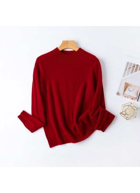Basic BI 13 Colors 100% Merino Wool Seamless Turtleneck Sweater for Women Angora red