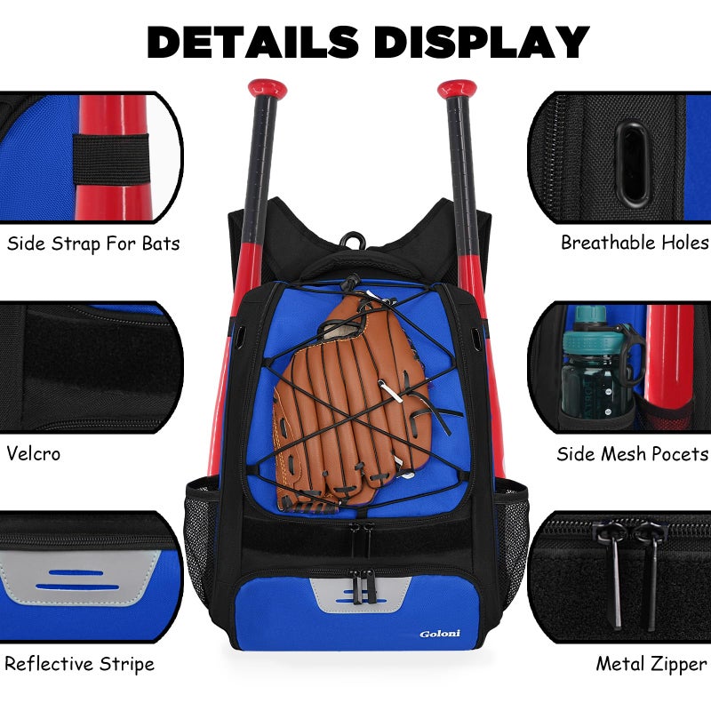 Goloni Baseball Bag,Backpack for Baseball, T-Ball & Softball Equipment & Gear,Softball Bag with Shoe Compartment,Fence Hook - Image 3