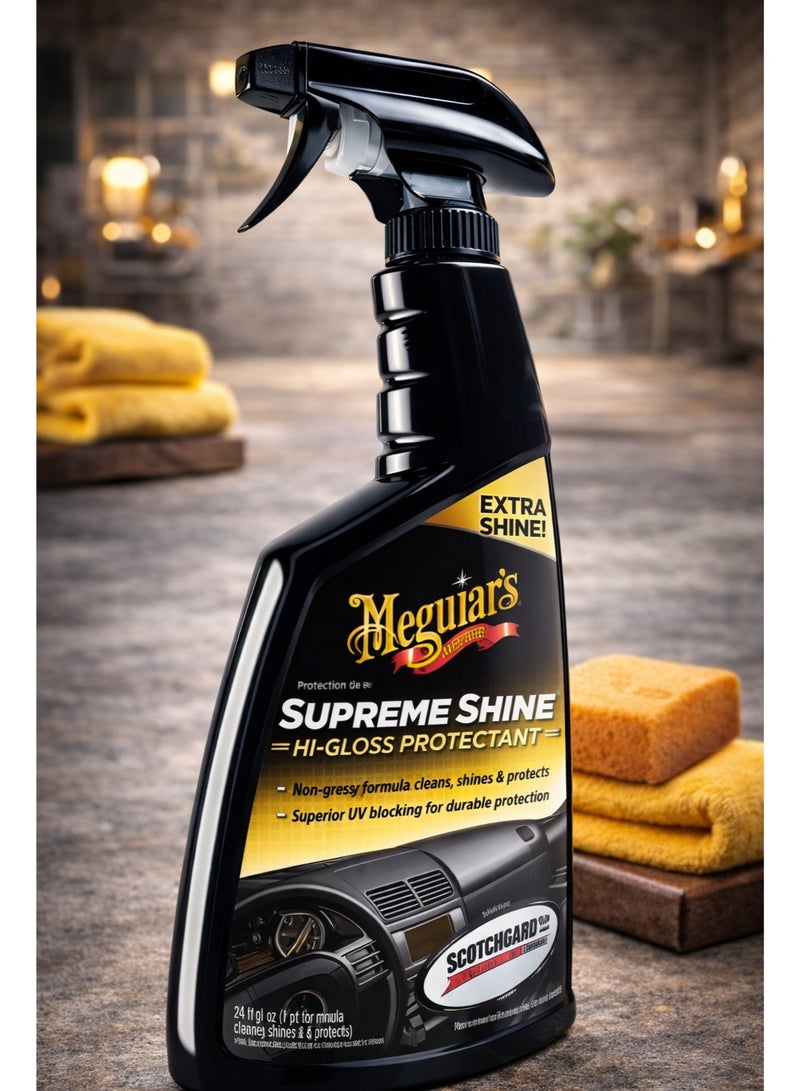 سوبريم شاين واقي وملمع داخلي فائق اللمعان سعة 473 مل مع تقنية سكوتش جارد لتنظيف وحماية الفينيل والمطاط والبلاستيك بلمعة قوية.