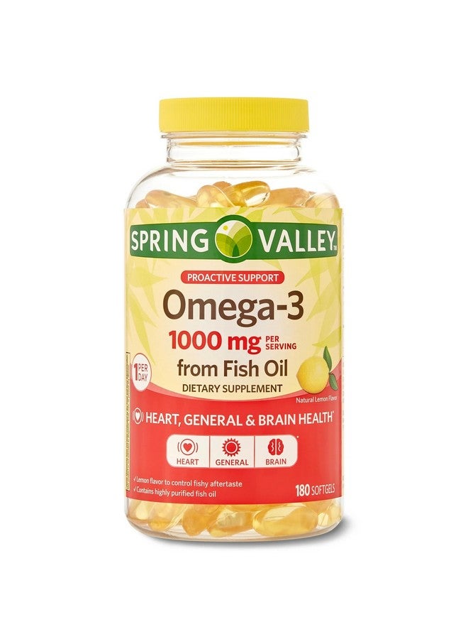 SPRING VALLEY سبرينغ فالي أوميغا-3 1000 ملغ من زيت السمك، صحة القلب والدماغ، ليمون، 180 كبسولة لينة - Image 1