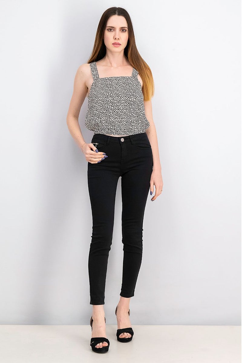 Tavik Women Square Neck Sleeveless Polka Dot Print Crop Top, Black - Image 2
