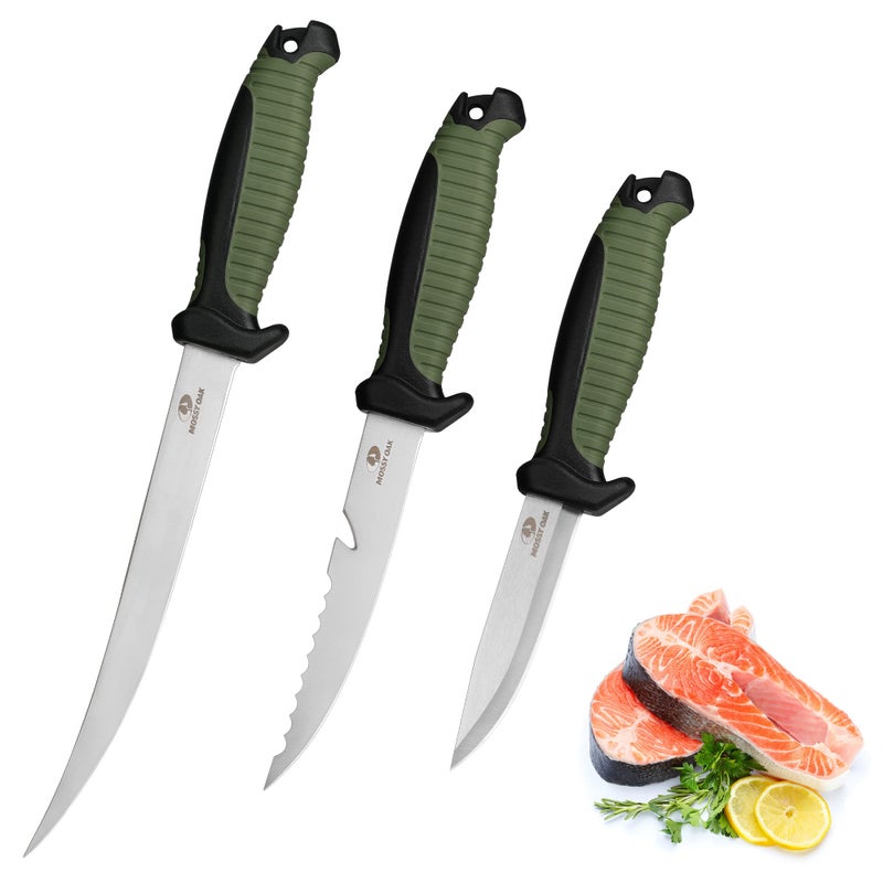 Mossy Oak 3-Piece Fishing Fillet Knife Set with Protective Sheath, Stainless Steel Filet Knives with Non-Slip Handle, Bait Knife for Filleting and Boning (Military Green) - Image 1