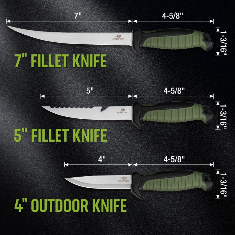 Mossy Oak 3-Piece Fishing Fillet Knife Set with Protective Sheath, Stainless Steel Filet Knives with Non-Slip Handle, Bait Knife for Filleting and Boning (Military Green) - Image 2