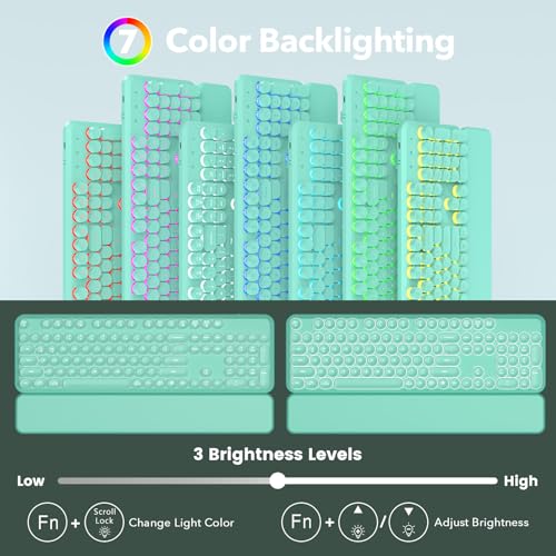 SABLUTE Wireless Keyboard and Mouse Combo, Backlit Round Keycaps, Retro Typewriter Keyboard with Detachable Wrist Rest, Rechargeable & Tilt Legs, 2.4GHz Cordless Connection for Windows/PC (Glowing Turquoise) - Image 2