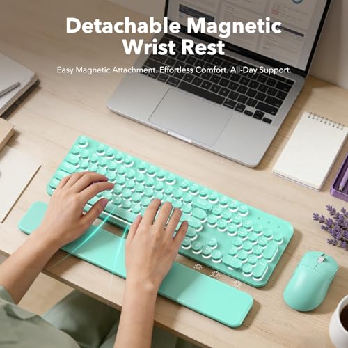 SABLUTE Wireless Keyboard and Mouse Combo, Backlit Round Keycaps, Retro Typewriter Keyboard with Detachable Wrist Rest, Rechargeable & Tilt Legs, 2.4GHz Cordless Connection for Windows/PC (Glowing Turquoise) - Image 3