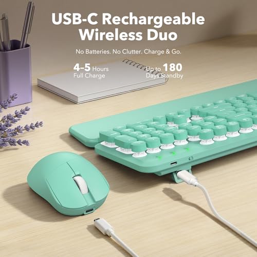 SABLUTE Wireless Keyboard and Mouse Combo, Backlit Round Keycaps, Retro Typewriter Keyboard with Detachable Wrist Rest, Rechargeable & Tilt Legs, 2.4GHz Cordless Connection for Windows/PC (Glowing Turquoise) - Image 5