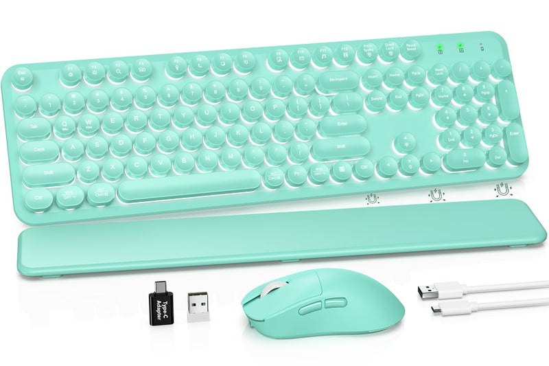 SABLUTE Wireless Keyboard and Mouse Combo, Backlit Round Keycaps, Retro Typewriter Keyboard with Detachable Wrist Rest, Rechargeable & Tilt Legs, 2.4GHz Cordless Connection for Windows/PC (Glowing Turquoise) - Image 1