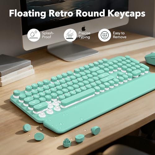SABLUTE Wireless Keyboard and Mouse Combo, Backlit Round Keycaps, Retro Typewriter Keyboard with Detachable Wrist Rest, Rechargeable & Tilt Legs, 2.4GHz Cordless Connection for Windows/PC (Glowing Turquoise) - Image 4