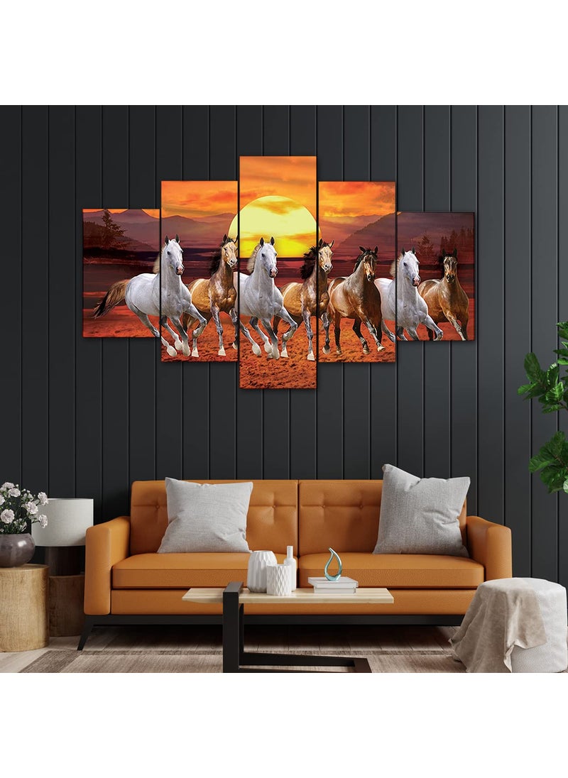 Perpetual perpetual 3D Wall Painting Set of 5 | Painting For Wall Decoration |Seven Horses Vastu Painting with Frame for Living Room (75 x 43 cm) - Multicolor, Wood  - Image 1