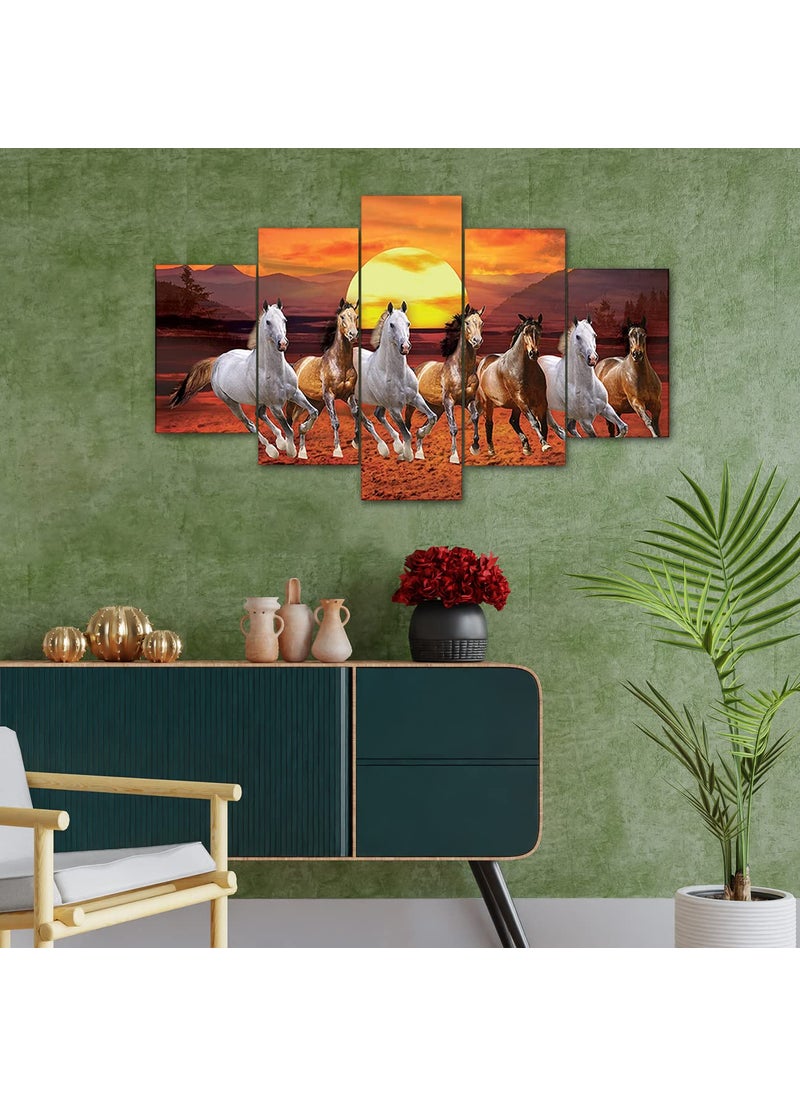 Perpetual perpetual 3D Wall Painting Set of 5 | Painting For Wall Decoration |Seven Horses Vastu Painting with Frame for Living Room (75 x 43 cm) - Multicolor, Wood  - Image 2