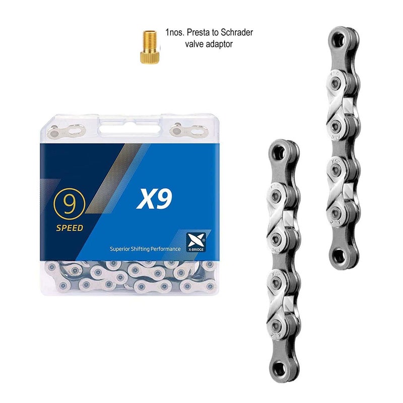 Schrodinger15 70040(+A) Compatible with KNC 9S 9 Speed Steel Bicycle Cycle Chain 116 Links Road MTB + 1 Pc. Presta to Schrader Adaptor - Image 2