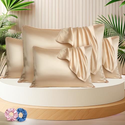 SITTELLA® 72x46 cm Set of 4 Satin Silk Pillow Covers | 600 TC Soft Pillowcase for Hair & Skin | Envelope Closure | Light Rose |2 Free Scrunchie Included - Image 1