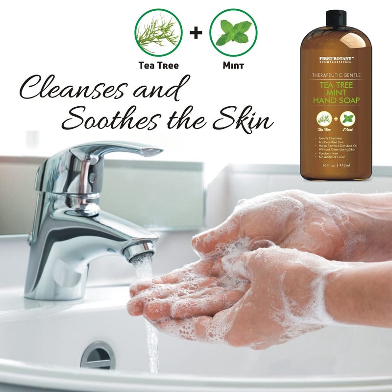 First Botany Tea Tree Mint Hand Soap - Liquid Hand Soap with Peppermint, Jojoba & Coconut Oil Multipurpose Liquid Soap Natural Bathroom Soap & Liquid hand wash - 16 oz - Image 2