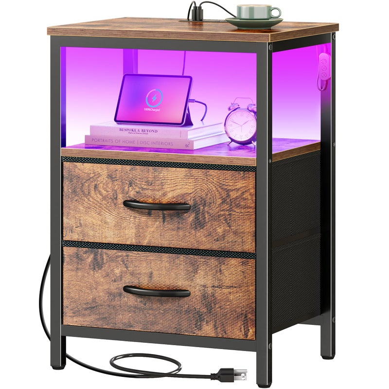 Huuger Night Stand with Charger Station and LED Lights, 2 Drawer Nightstand, Bed Side Table with Open Shelf, End Table, Fabric Dresser for Bedroom, Rustic Brown - Image 1