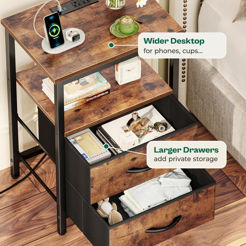 Huuger Night Stand with Charger Station and LED Lights, 2 Drawer Nightstand, Bed Side Table with Open Shelf, End Table, Fabric Dresser for Bedroom, Rustic Brown - Image 5