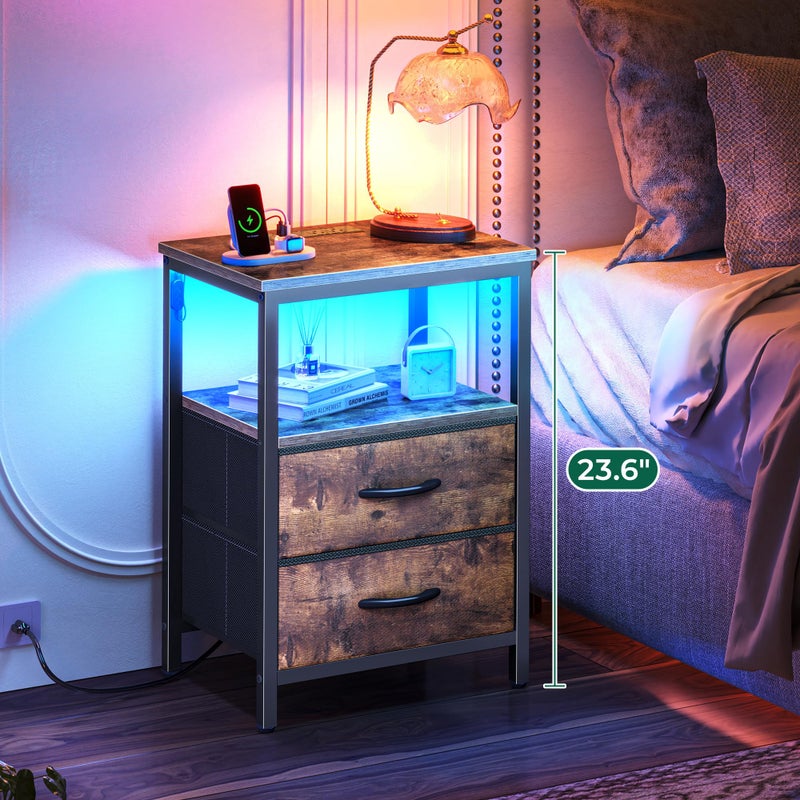 Huuger Night Stand with Charger Station and LED Lights, 2 Drawer Nightstand, Bed Side Table with Open Shelf, End Table, Fabric Dresser for Bedroom, Rustic Brown - Image 2