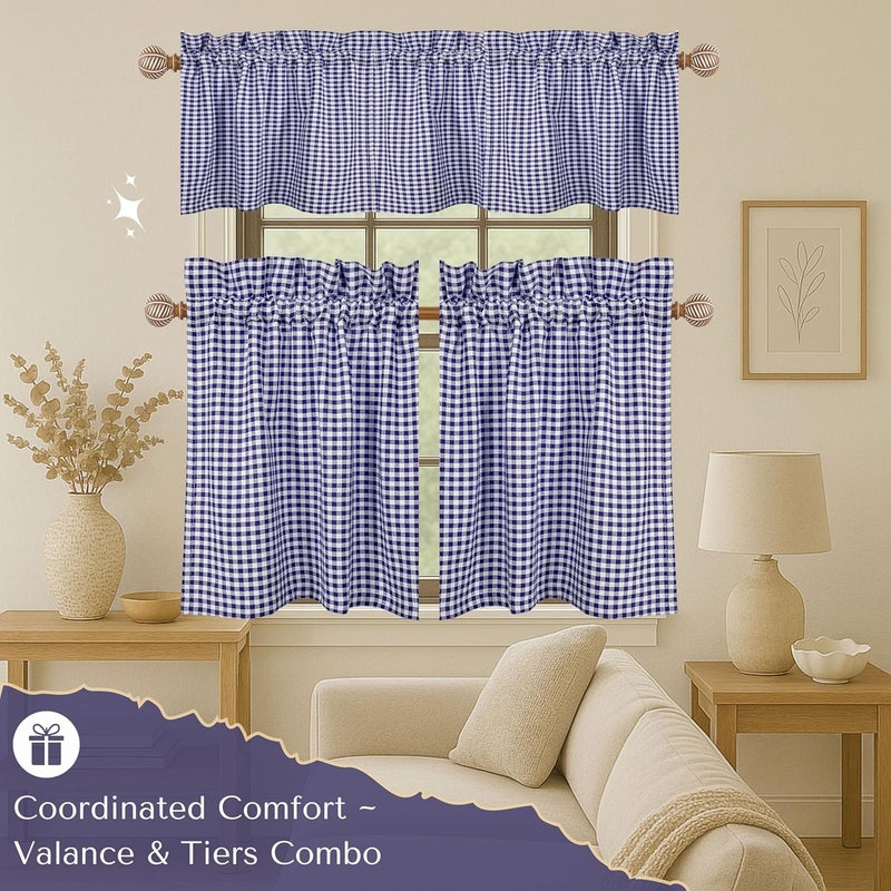 Native Fab Gingham Check 3 Pieces Window Curtain Tiers 26"x36" and Valance 54"x18" Set - Rod Pocket - Semi Sheer - Farmhouse Curtain for Kitchen, Cafe, Bathroom, Living Room - Blue and White - Image 3