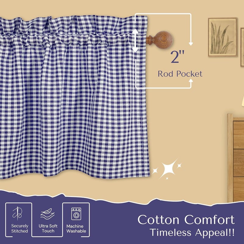 Native Fab Gingham Check 3 Pieces Window Curtain Tiers 26"x36" and Valance 54"x18" Set - Rod Pocket - Semi Sheer - Farmhouse Curtain for Kitchen, Cafe, Bathroom, Living Room - Blue and White - Image 4