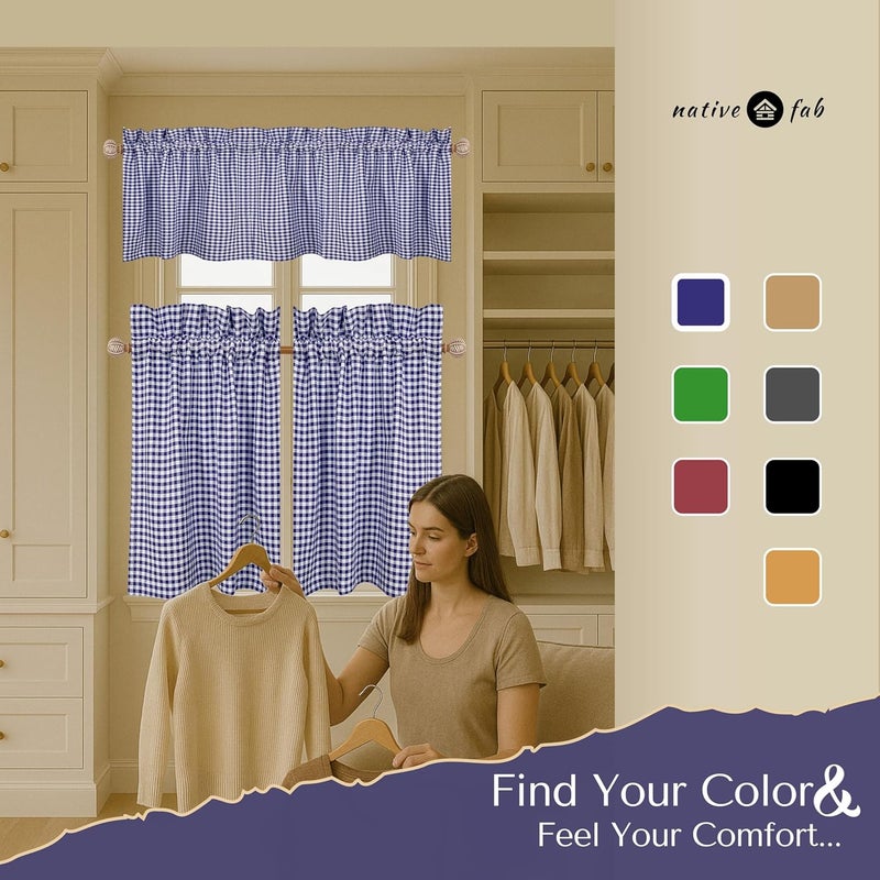 Native Fab Gingham Check 3 Pieces Window Curtain Tiers 26"x36" and Valance 54"x18" Set - Rod Pocket - Semi Sheer - Farmhouse Curtain for Kitchen, Cafe, Bathroom, Living Room - Blue and White - Image 5