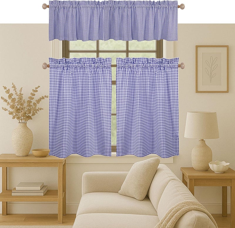 Native Fab Gingham Check 3 Pieces Window Curtain Tiers 26"x36" and Valance 54"x18" Set - Rod Pocket - Semi Sheer - Farmhouse Curtain for Kitchen, Cafe, Bathroom, Living Room - Blue and White - Image 1