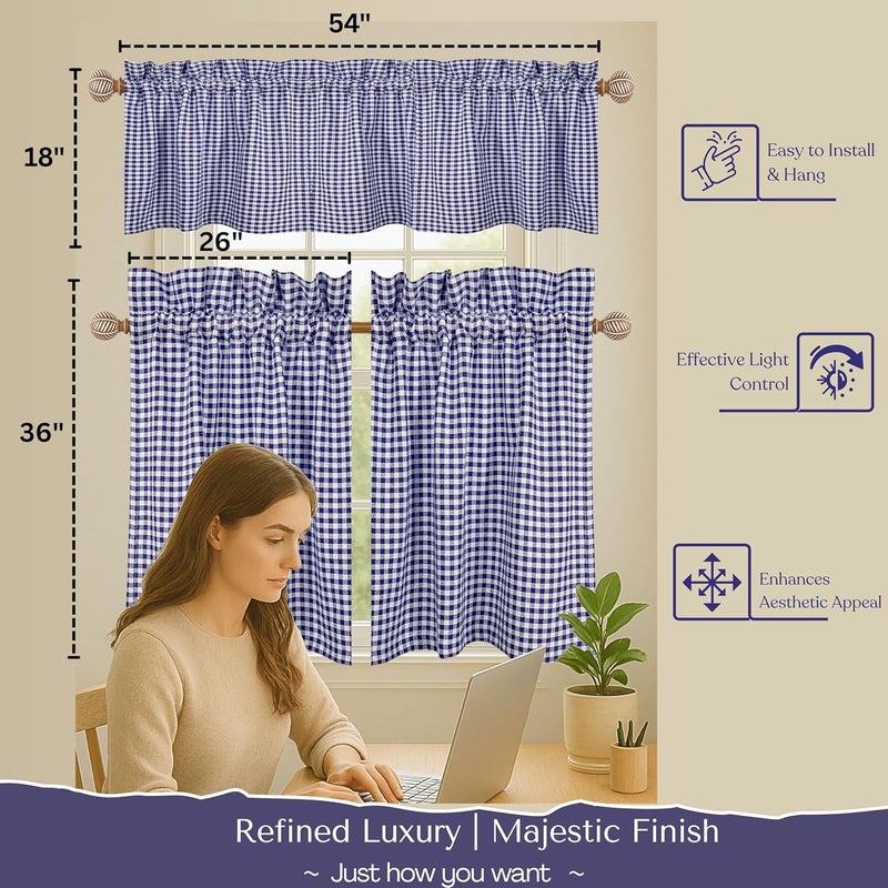Native Fab Gingham Check 3 Pieces Window Curtain Tiers 26"x36" and Valance 54"x18" Set - Rod Pocket - Semi Sheer - Farmhouse Curtain for Kitchen, Cafe, Bathroom, Living Room - Blue and White - Image 2