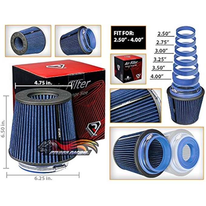 Rtunes Racing BLUE 2.5"-4" 63.5-102 mm Inlet Cold Air Intake Cone Replacement Performance Washable Clamp-On Dry Air Filter - Image 2