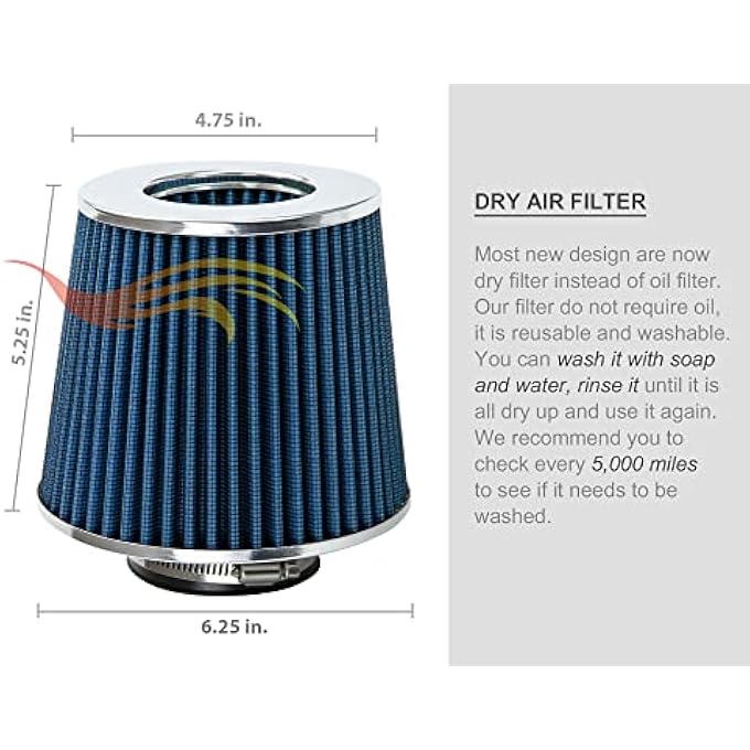 Rtunes Racing BLUE 2.5"-4" 63.5-102 mm Inlet Cold Air Intake Cone Replacement Performance Washable Clamp-On Dry Air Filter - Image 5