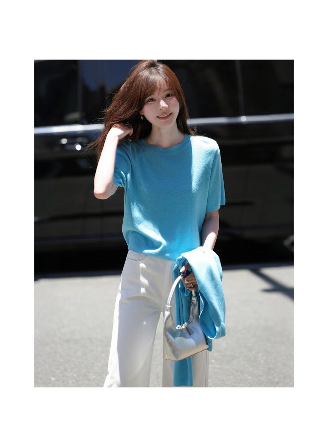 Mt Romantic Knit Set Autumn Simple Style Short Sleeve Top Knit Cardigan Wool Blend Women's Two-piece Set - Image 5