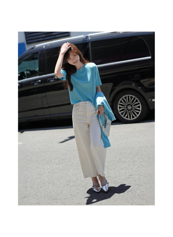 Mt Romantic Knit Set Autumn Simple Style Short Sleeve Top Knit Cardigan Wool Blend Women's Two-piece Set - Image 2