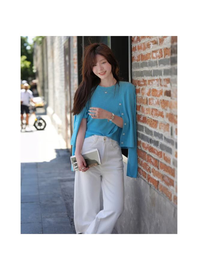 Mt Romantic Knit Set Autumn Simple Style Short Sleeve Top Knit Cardigan Wool Blend Women's Two-piece Set - Image 4