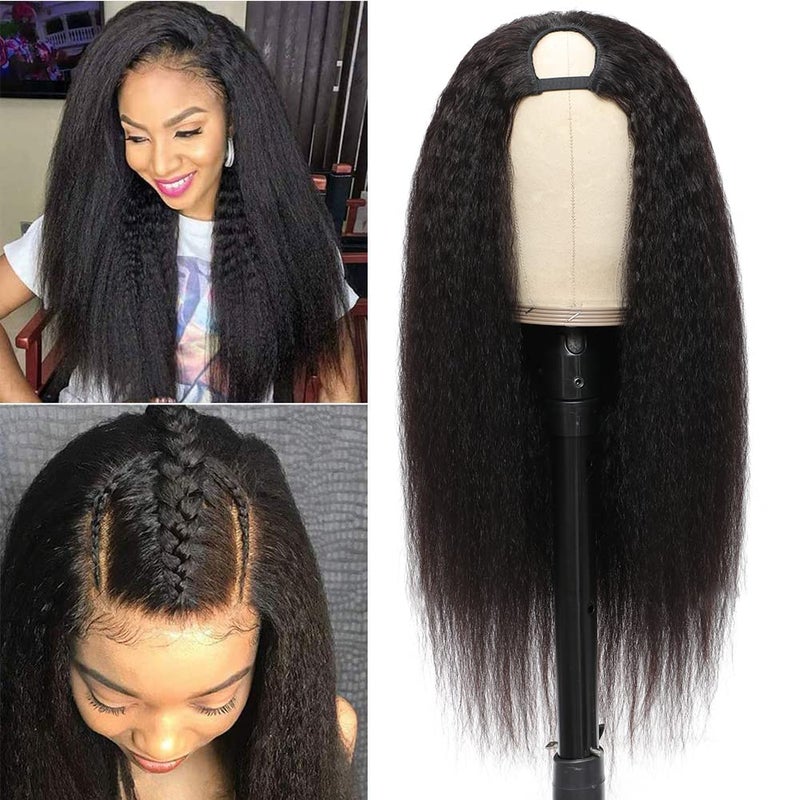 U Part Wig Human Hair Kinky Straight Wigs for Black Women 18inch Italian Half Wig Upgraded U Shape Yaki Straight Clip in Wigs Remy Human Hair Extension