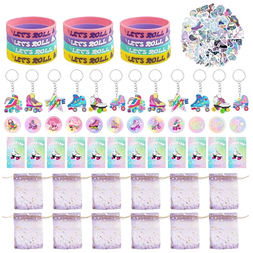 Tazimi 110 PCS Roller Skate Party Favors Skating Party Supplies with Key Chains Button Pins Stickers Rubber Bracelets for Hip Hop Disco 80s 90s Themed Party style 1 - Image 1