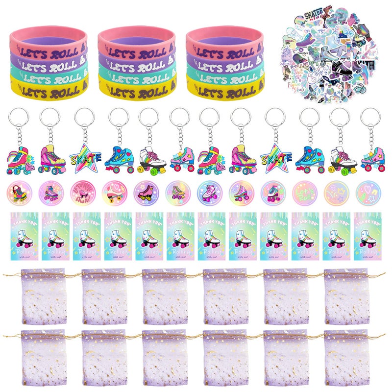 Tazimi 110 PCS Roller Skate Party Favors Skating Party Supplies with Key Chains Button Pins Stickers Rubber Bracelets for Hip Hop Disco 80s 90s Themed Party style 1 - Image 2