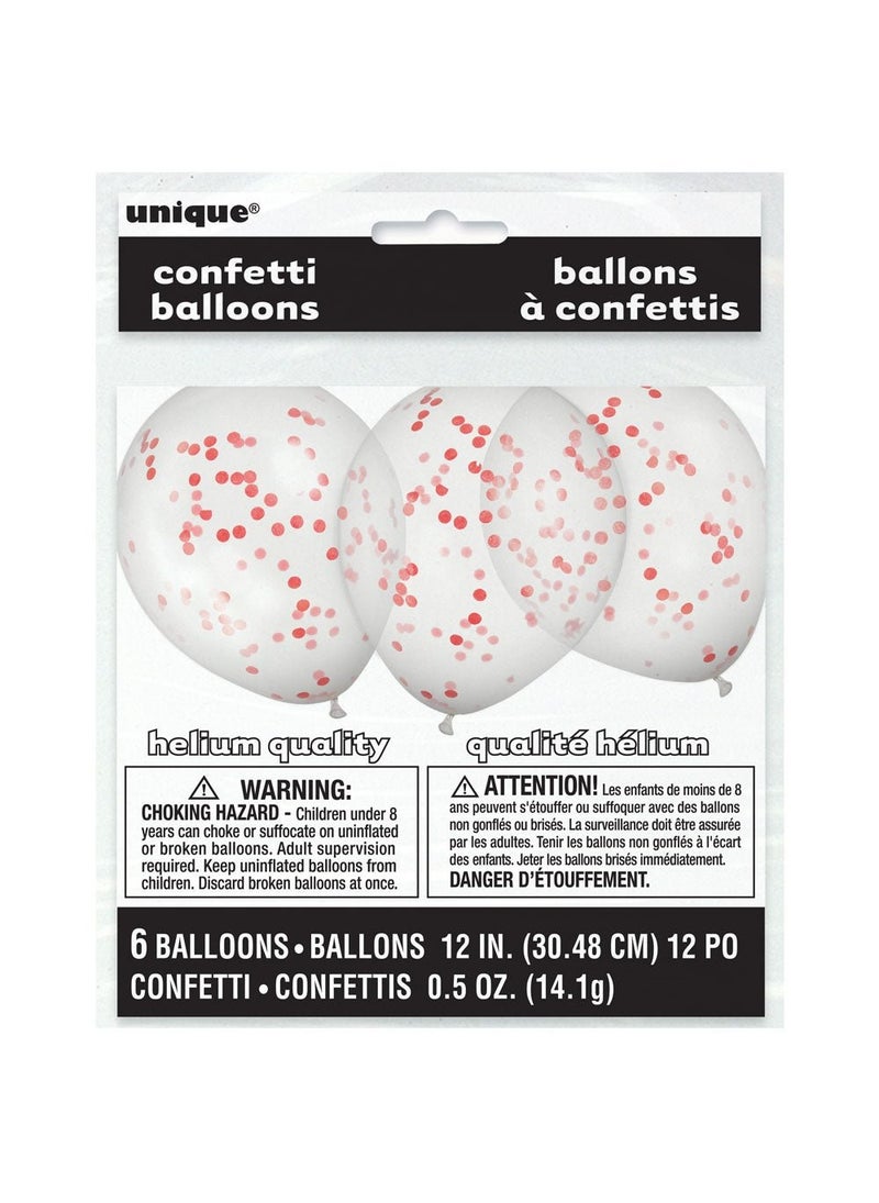 Unique Confetti Balloons Red Transparent Latex 30 cm 6-Pack - Image 2