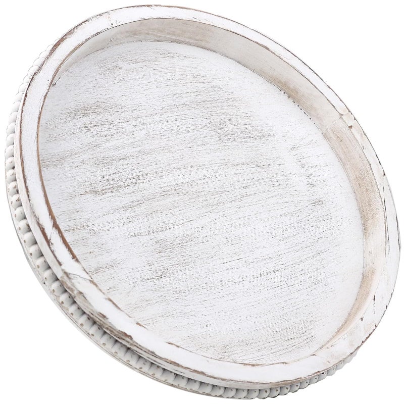Hrastany Round Wood Serving Tray with Beaded, 13â€ Rustic Wooden Decorative Coffee Table Tray for Centerpiece, Ottoman, Farmhouse Circle Trays for Counter, Living Room, Home Decor (Whitewashed) - Image 1