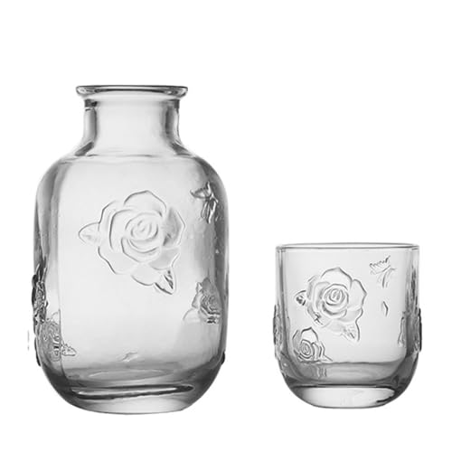 LCORMAG Vintage Flower Design Bedside Water Carafe Set, 15 oz, Clear Glass, for Bedroom Nightstand, Home Kitchen, Fruit Juice Pitcher, Mouthwash Bottle (Clear) - Image 1