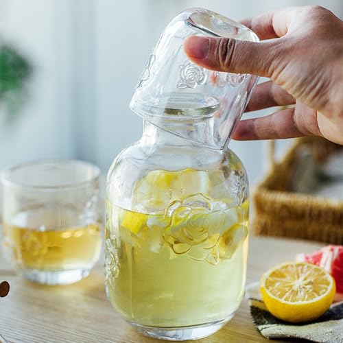 LCORMAG Vintage Flower Design Bedside Water Carafe Set, 15 oz, Clear Glass, for Bedroom Nightstand, Home Kitchen, Fruit Juice Pitcher, Mouthwash Bottle (Clear) - Image 5