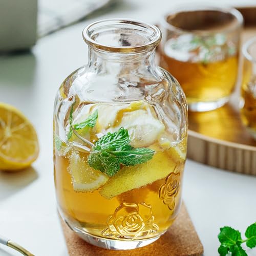 LCORMAG Vintage Flower Design Bedside Water Carafe Set, 15 oz, Clear Glass, for Bedroom Nightstand, Home Kitchen, Fruit Juice Pitcher, Mouthwash Bottle (Clear) - Image 3
