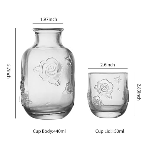 LCORMAG Vintage Flower Design Bedside Water Carafe Set, 15 oz, Clear Glass, for Bedroom Nightstand, Home Kitchen, Fruit Juice Pitcher, Mouthwash Bottle (Clear) - Image 2