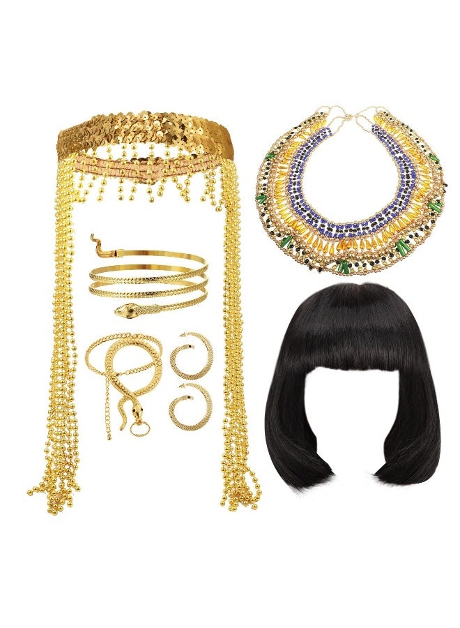 6 Pieces Egyptian Headpiece Costume, Included Wigs Tassel Head Chain Snake Arm Cuff Golden Finger Ring Bracelet Collar Necklace, Suitable for Cosplay Party Women Costume - Image 1