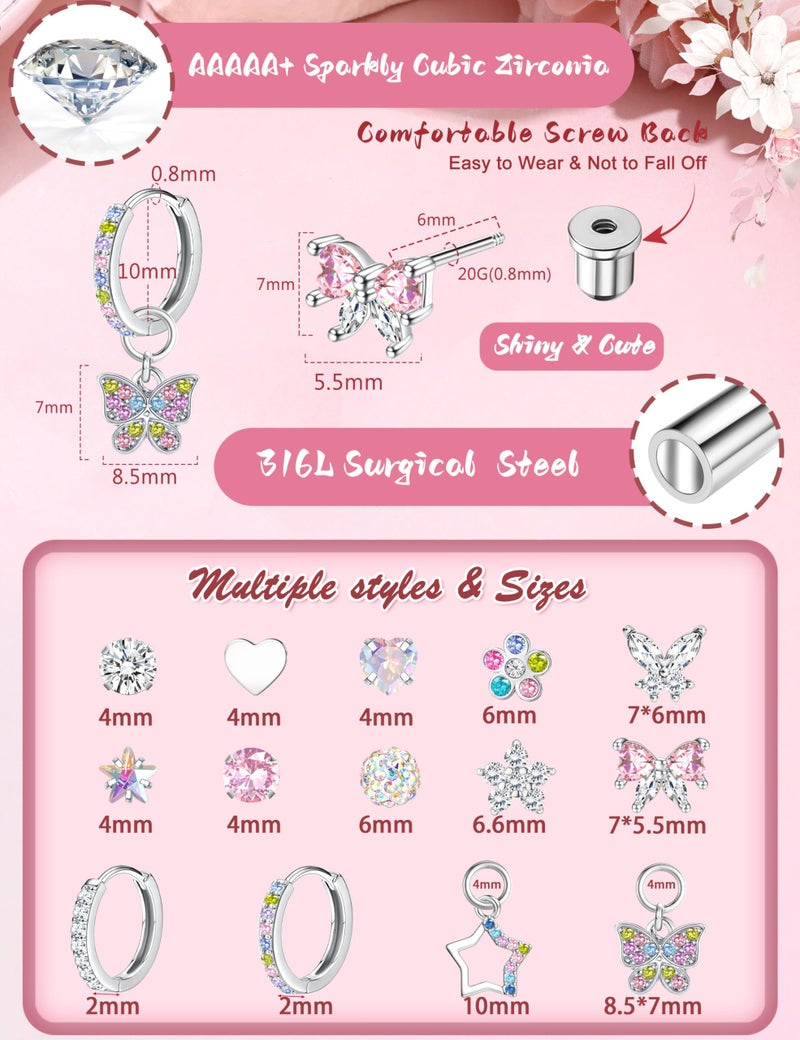 BESTEEL Hypoallergenic Earrings for Girls Women Surgical Stainless Steel Screw Back Earrings for Sensitive Ears Cute CZ Flower Butterfly Stud Hoop Earring Set with Charm Silver ageï¼šover 48 months old - Image 2