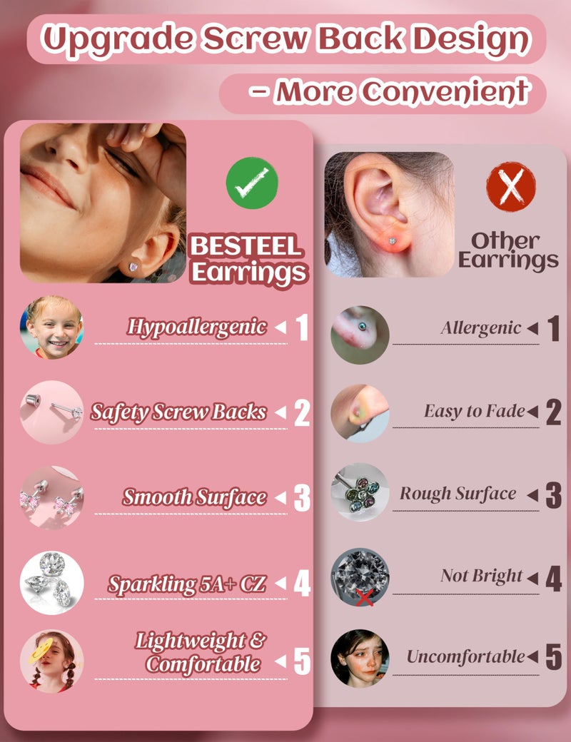 BESTEEL Hypoallergenic Earrings for Girls Women Surgical Stainless Steel Screw Back Earrings for Sensitive Ears Cute CZ Flower Butterfly Stud Hoop Earring Set with Charm Silver ageï¼šover 48 months old - Image 5
