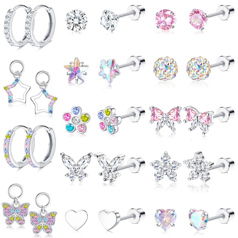 BESTEEL Hypoallergenic Earrings for Girls Women Surgical Stainless Steel Screw Back Earrings for Sensitive Ears Cute CZ Flower Butterfly Stud Hoop Earring Set with Charm Silver ageï¼šover 48 months old - Image 1