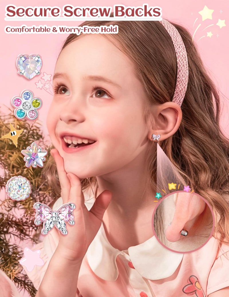 BESTEEL Hypoallergenic Earrings for Girls Women Surgical Stainless Steel Screw Back Earrings for Sensitive Ears Cute CZ Flower Butterfly Stud Hoop Earring Set with Charm Silver ageï¼šover 48 months old - Image 3