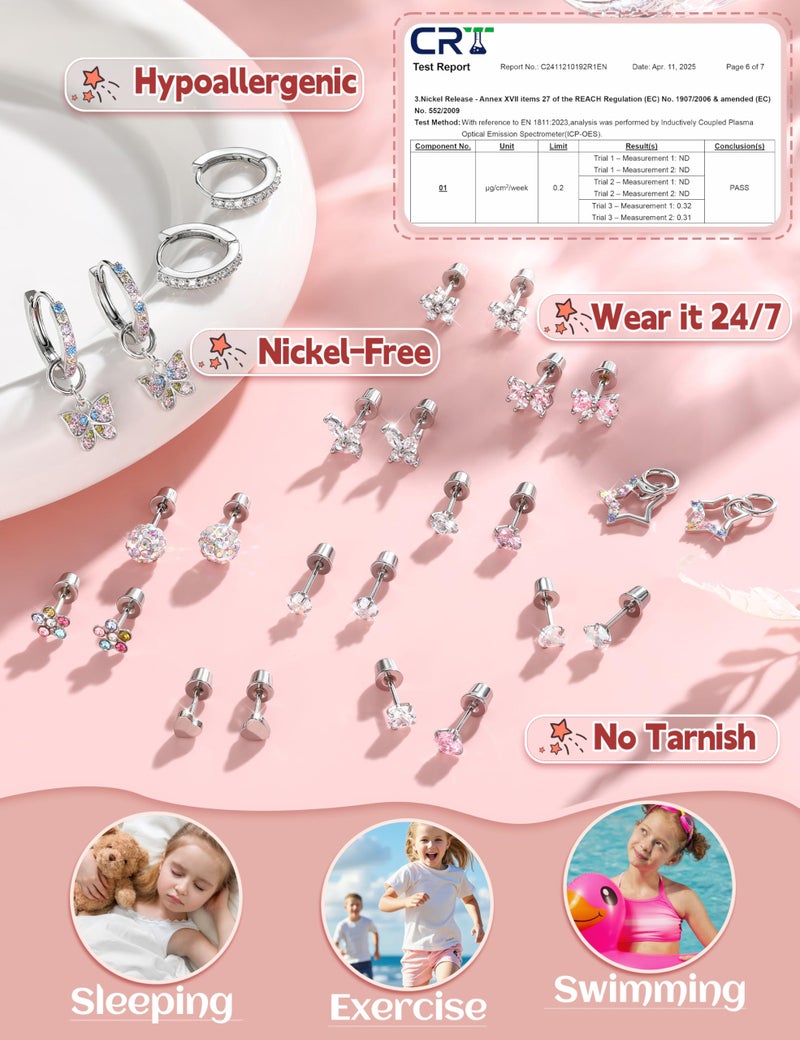 BESTEEL Hypoallergenic Earrings for Girls Women Surgical Stainless Steel Screw Back Earrings for Sensitive Ears Cute CZ Flower Butterfly Stud Hoop Earring Set with Charm Silver ageï¼šover 48 months old - Image 4