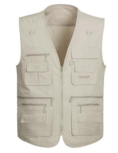 Lentta Men's Fishing Vest Summer Outdoor Work Safari Photo Cargo Vest 14 Pockets(PoplinBeige-M) - Image 1