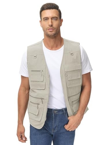 Lentta Men's Fishing Vest Summer Outdoor Work Safari Photo Cargo Vest 14 Pockets(PoplinBeige-M) - Image 3